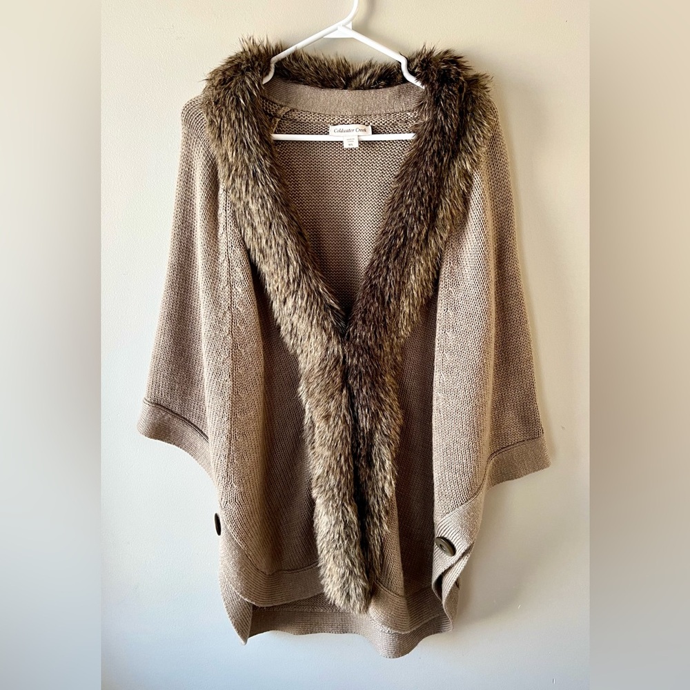 Coldwater Creek Beige Poncho/Sweater with Faux Fur Trim -M/L- Merino Wool Blend - Picture 2 of 10